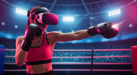 Female Boxer Wearing VR Headset Engaged in Virtual Reality Boxing Match Inside Arena with Pink and Blue Lighting