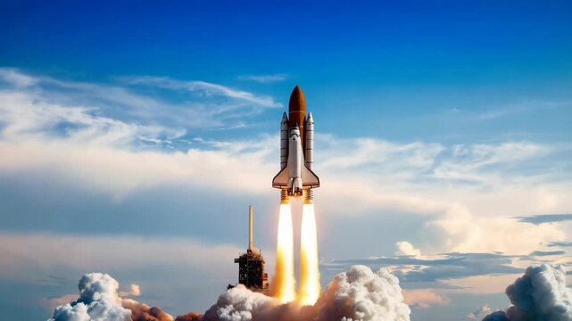 Rocket takes off with flames and smoke against a cloudy sky, launching towards the sky from a launchpad.
