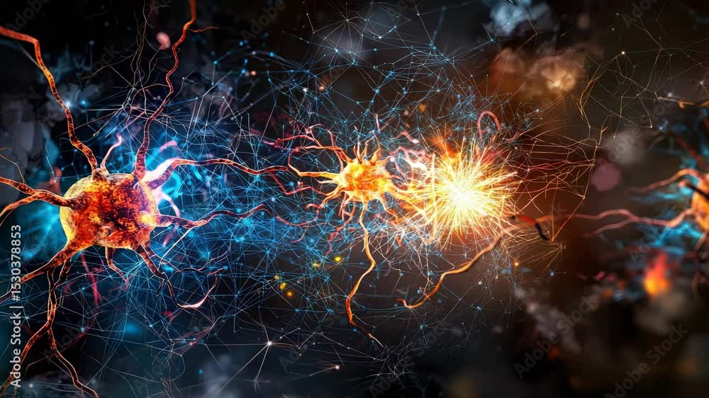 Poster Glowing neurons transmit electrical impulses across a complex synaptic network in a vibrant, abstract visualization.