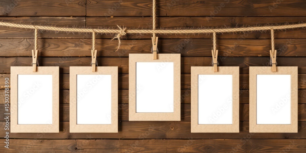Poster frames hanging on twine with clothespins on wooden background, ready for customizable message or dis