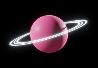 Pink planet with glowing rings on dark background