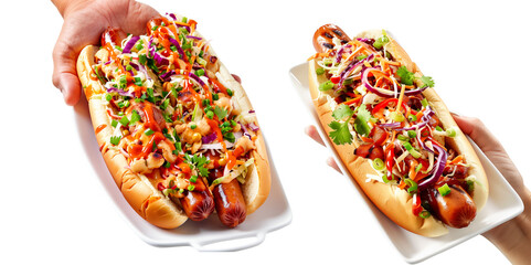 Hot dog with mustard, ketchup, bacon, isolated on white transparent background. Fast food concept