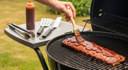 Grilling bbq ribs: sauce application and grilling tools in outdoor setting