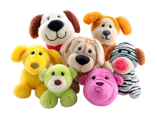 Fun chew toys for dogs on white background