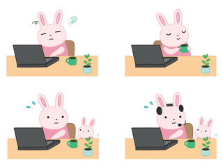 リモートワークをするウサギのイラストセット　主線あり