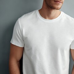 basic white t-shirt on a male torso, cropped above shoulders, soft ambient light, pastel gray background, minimalist e-commerce vibe