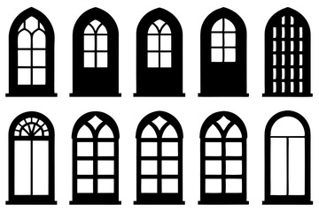 Collection of Gothic Arch Window Silhouettes, Black and White, Architectural Design Elements