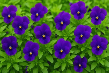 Vibrant field of purple pansy flowers with bright yellow centers blooming amongst lush green foliage