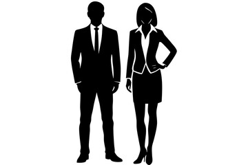 Businessman and businesswoman silhouettes, black and white vector illustration