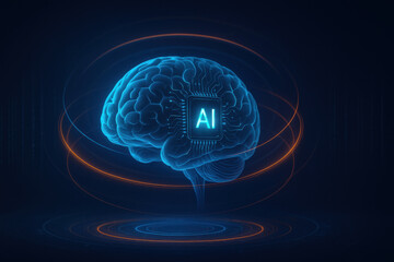 Digital representation of brain with glowing AI chip symbolizes intersection of neurotechnology and artificial intelligence. This captures essence of innovation and advanced technology