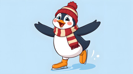 Cheerful cartoon penguin in striped scarf and cap skates gracefully, arms spread wide with a wide smile.