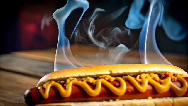 Steaming hot dog in a bun topped with mustard and crunchy toppings on a dark wood surface, flavorful and appetizing