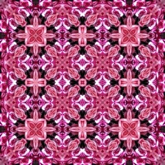 Seamless kaleidoscope floral pattern symmetrical arrangement of pink and white floral elements...