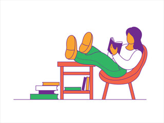 A student girl is sitting relaxed in an armchair and reading a book, there is a stack of books and textbooks nearby. Vector illustration for school, leisure time, hobbies
