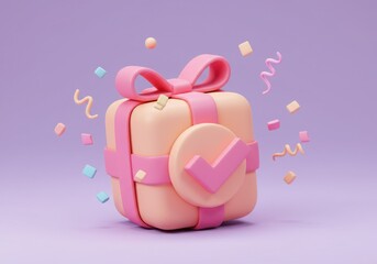 Gift box with check mark and confetti on purple background