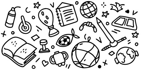 Hand drawn doodle set of school and sports items