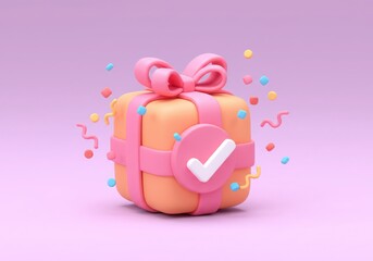 Cartoon gift box with ribbon and check mark on pink background