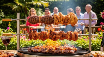 Outdoor barbecue feast with diverse adults enjoying grilled meat on a sunny day