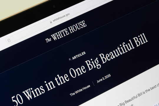 Portland, OR, USA - June 11, 2025: An article entitled "50 Wins in the One Big Beautiful Bill" is seen on the official website of the White House on the screen of a computer.