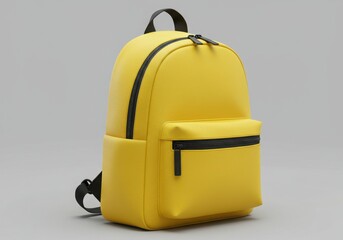 Yellow backpack with black zippers and straps on gray background