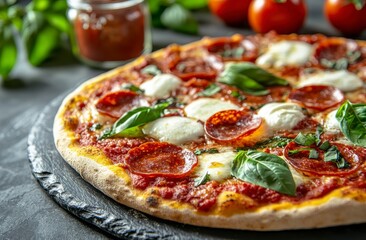 pizza with salami and tomatoes