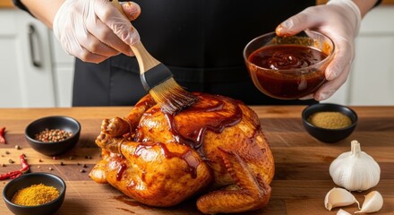 Female preparing roasted chicken with sauce in kitchen setting