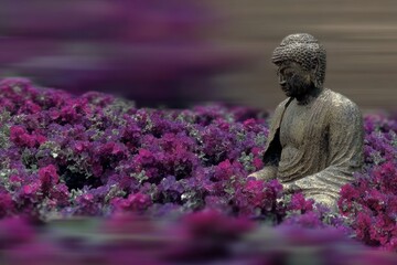 Buddha statue amidst vibrant purple flowers