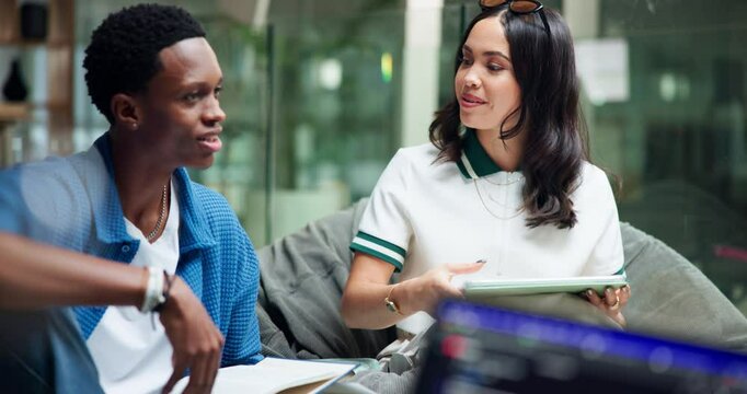 People, students and talk with tablet in library for research, study session and education at college. Friends, team and chat for project ideas, assignment and test preparation for university thesis