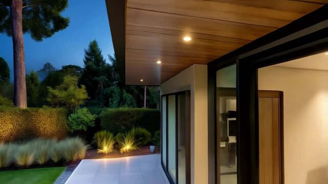Contemporary home exterior with sliding glass doors, tiled patio, landscaped yard, and wood soffit ceiling at dusk.
