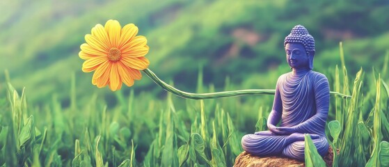 Buddha statue in a field of grass with a flower