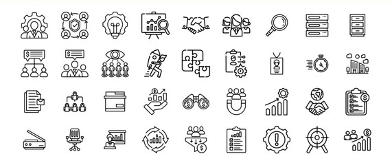 A collection of business and management related icons depicting various aspects of teamwork, strategy, finance, and growth.