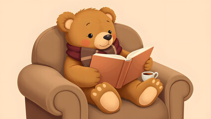 Cozy plush cartoon bear wearing a scarf and reading a big book with a cup of tea by his side. 