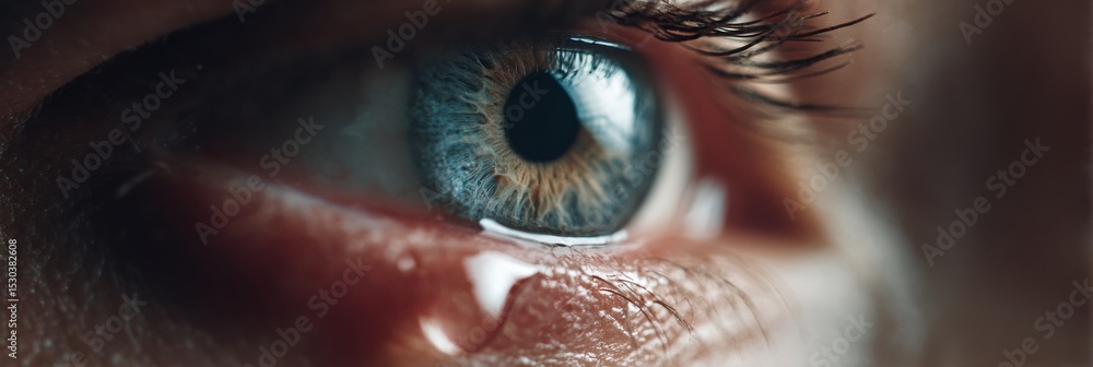Poster close up view of eye showcasing tear droplet with detailed iris patterns and cinematic lighting effe