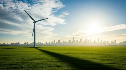 Wind Turbine in Green Field with City Skyline at Sunrise - Powered by Adobe