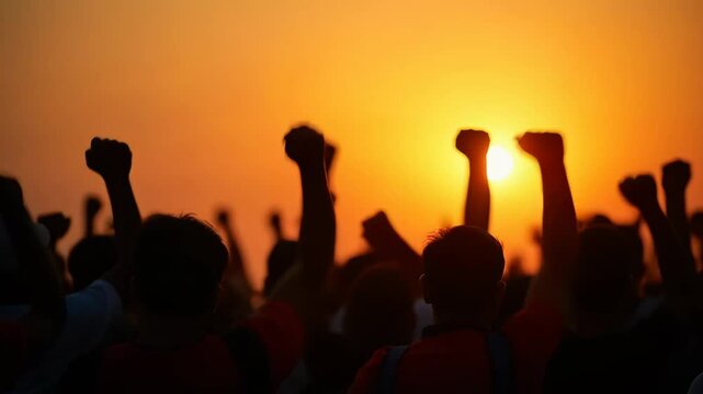 Raised fists caught in the sunset symbolize unity and strength. Silhouettes of workers raised hands during parade at dusk. Power and solidarity of a group celebrating Republic Day in India.