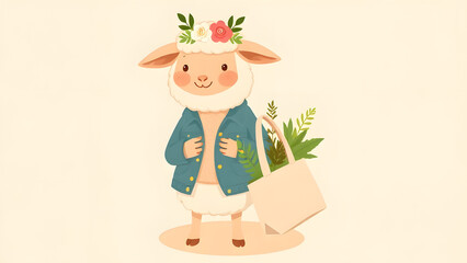 Cute fluffy cartoon sheep wearing a flower crown and denim jacket, holding a reusable bag full of plants, and smiling warmly.