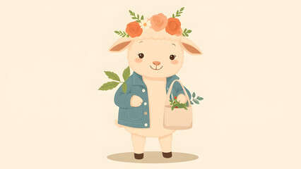 Cute fluffy cartoon sheep wearing a flower crown and denim jacket, holding a reusable bag full of plants, and smiling warmly.