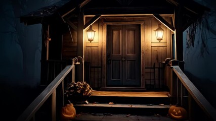 Spooky cabin in woods with glowing carved pumpkins on stairs and autumn foliage - Powered by Adobe
