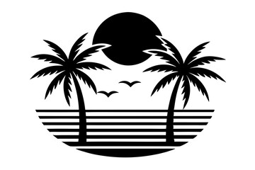 Tropical Palm Trees Sunset Ocean Scene, Black Silhouette Graphic