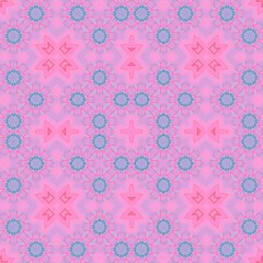 Seamless kaleidoscope floral pattern soft pink and blue geometric floral shapes create a symmetrical, repeating design, perfect for a delicate and vibrant design for fabric, wallpaper, and backgrounds