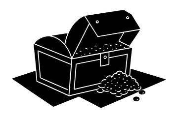 Open Treasure Chest with Gold Coins, Simple Black Silhouette Illustration