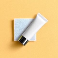 White Makeup Remover Pad and Cleanser Tube on Yellow Background