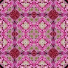 Seamless kaleidoscope floral pattern symmetrical arrangement of pink and white blossoms with a touch of green, creating a mesmerizing and intricate design for fabric, wallpaper, and backgrounds