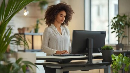 Focused woman working on computer at standing desk in modern office workspace with plants and natural light using technology