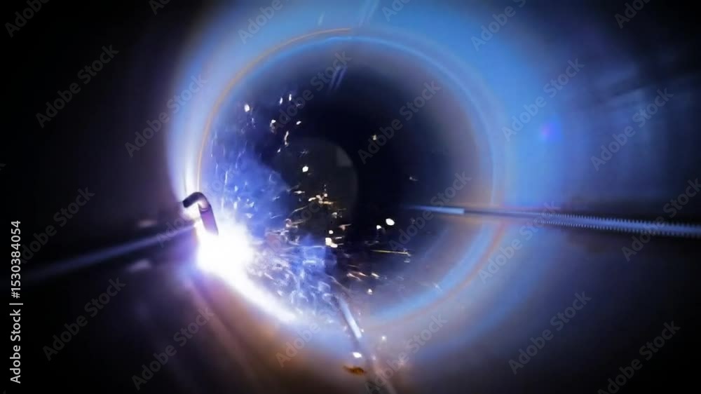 Poster welding with circular light and sparks emanating in dark space creating contrast and intense precisi