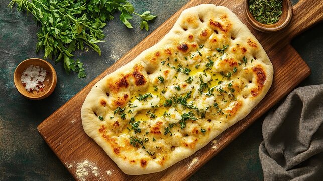 Overhead shot of a rectangular, golden-brown flatbread topped with melted butter, herbs, and possibly cheese, served on a wooden board, accompanied by fresh herbs and seasonings in small bowls