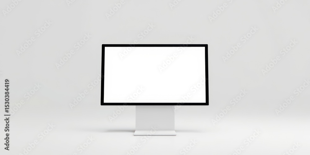 Poster blank display screen with modern black frame on white stand, ready for content presentation or commu