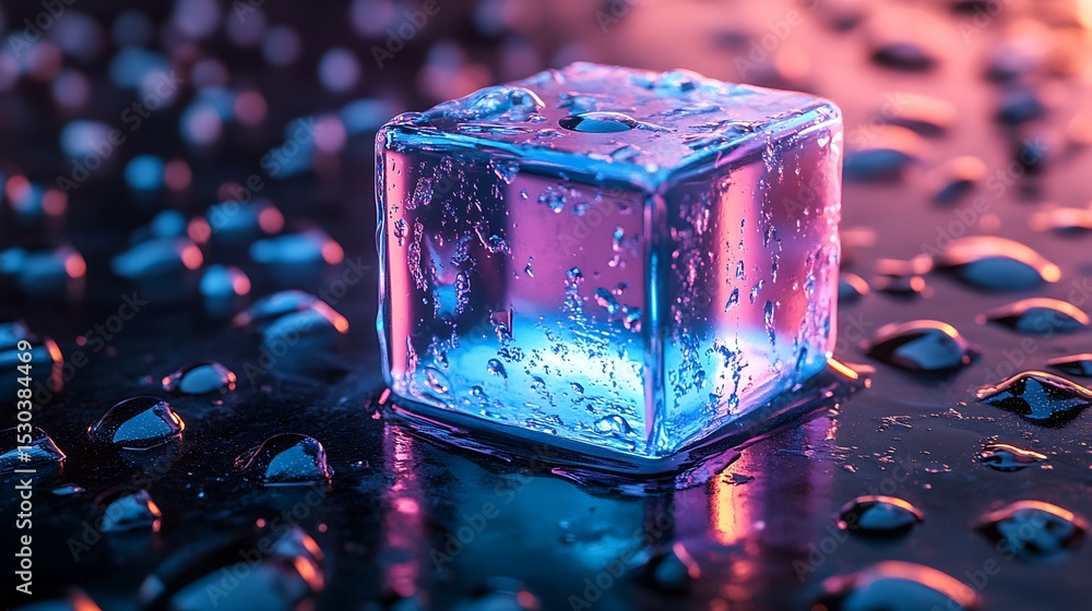 Poster glowing ice cube with wet surface.