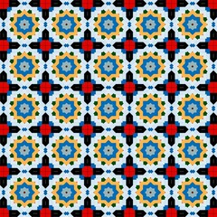 Seamless kaleidoscope floral pattern vibrant geometric floral shapes in blue, yellow, red, and...