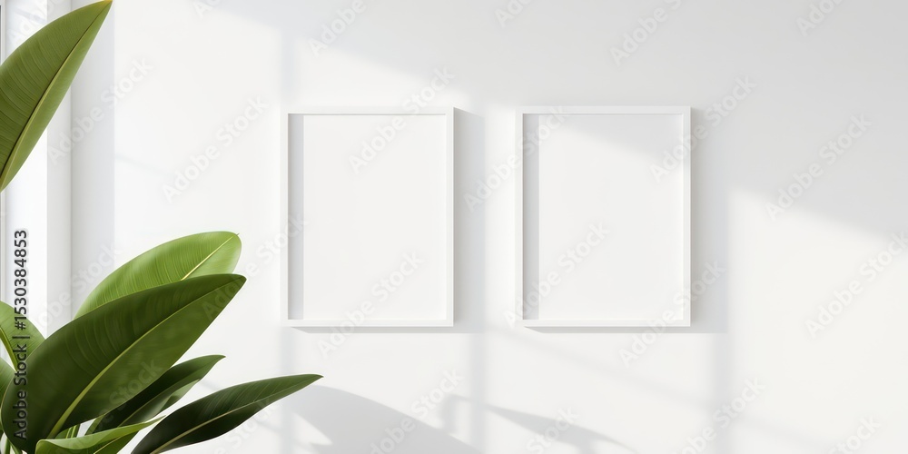 Poster minimalist white frames hang on a clean wall next to a plant, sunlight gently filtering through a wi